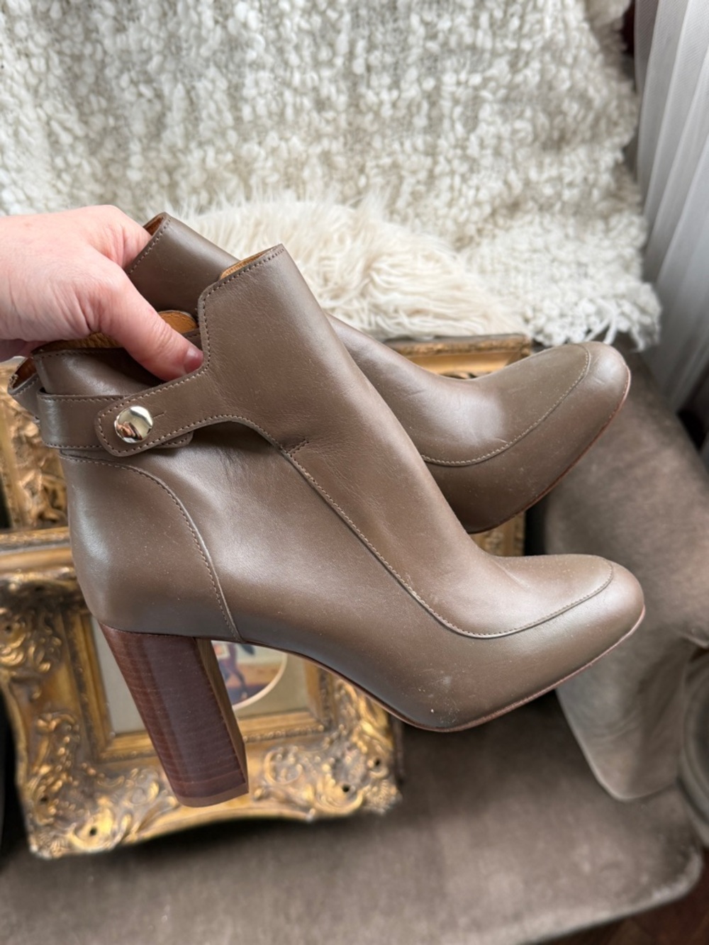 Sezane Brown Leather Block Heel Ankle Boots